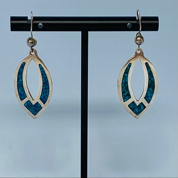Vintage Mexico Sterling Blue Turquoise Rounded Sun Inspired  VTG Mexican Sterling Silver & Turquoise Earrings
